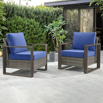 3 Piece Wicker Patio Furniture Set,Patio Bistro Set with 2 Rattan Armrest Chairs and 1 Side Table,Sturdy Frame,All-Weather PE Wicker,Wide Armrest,Deep Seating and Thick Cushions(Mixed Grey/Blue)