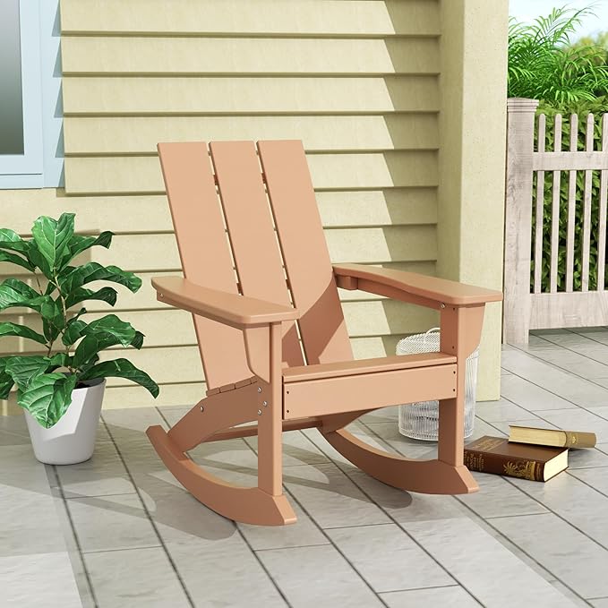 WO WESTIN OUTDOOR HDPE Shoreside Modern Rocking Poly Adirondack Chair,Teak