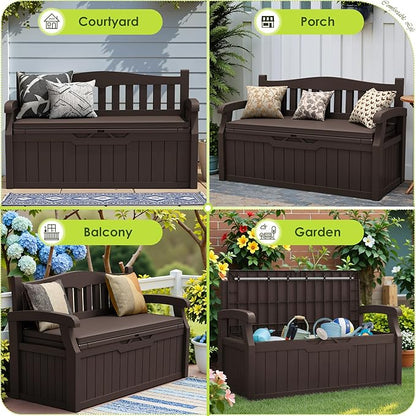 Greesum 80 Gallon Heavy-Duty Outdoor Storage Bench with Cushion, UV-Resistant Resin Bench with Armrest, Deck Box for Garden, Poolside, Patio, Dark Brown