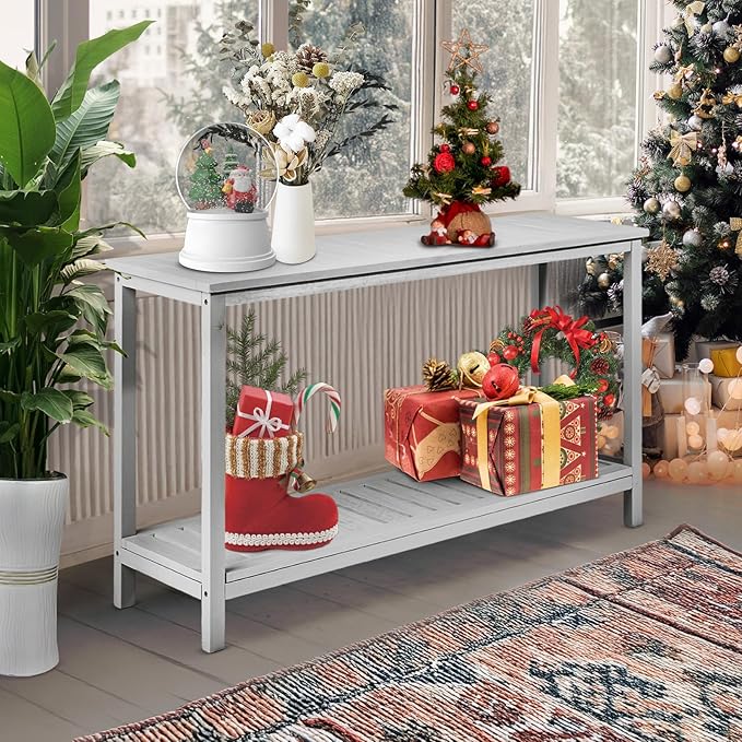 VINGLI 49in Solid Wood Outdoor Console Table, 2-Shelf Wooden Outdoor Accent Plant Table Multifunctional Buffet Bar Storage Organizer for Indoor Patio Porch and Entryway (Gray)