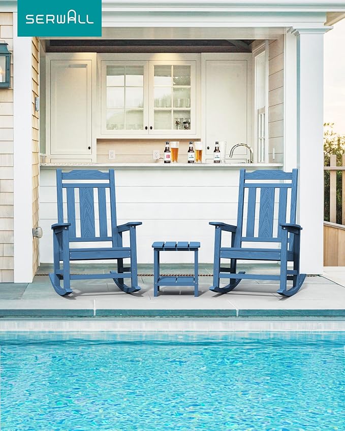 SERWALL Oversized Rocking Chair, HDPE Outdoor Rocking Chairs Set of 4, Patio Rocking Chair Sets for Adults, Blue