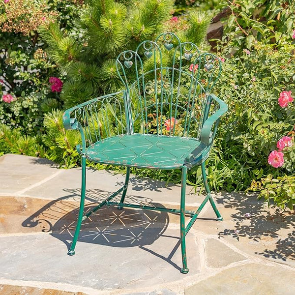 Zaer Ltd. Vintage Style Metal Patio Furniture with Heart Design Accents, Outdoor/Indoor Decor (Antique Green, Arm Chair) - Photo 1