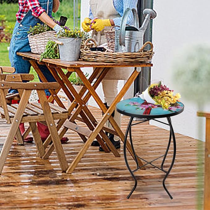 MUMTOP Side Patio Tables-Mosaic Outdoor Side Table - 14’’ Cardinal Glass Accent Round EndTable, Plant Stand Indoor Small CoffeeTable for Garden or Living Room Decor