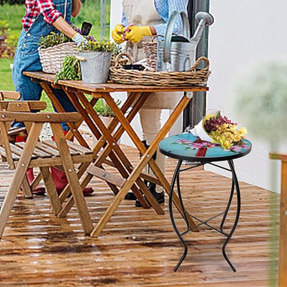 MUMTOP Side Patio Tables-Mosaic Outdoor Side Table - 14’’ Cardinal Glass Accent Round EndTable, Plant Stand Indoor Small CoffeeTable for Garden or Living Room Decor