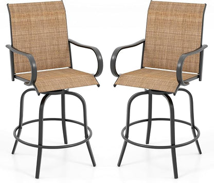 Tangkula Outdoor Swivel Bar Stools Set of 2, Bar Height Tall Patio Chairs with Armrests & High Back, Cozy Footrest & Solid Metal Support, High Top Bar Chairs for Backyard, Balcony, Poolside (1, Brown)