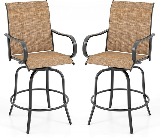 Tangkula Outdoor Swivel Bar Stools Set of 2, Bar Height Tall Patio Chairs with Armrests & High Back, Cozy Footrest & Solid Metal Support, High Top Bar Chairs for Backyard, Balcony, Poolside (1, Brown)