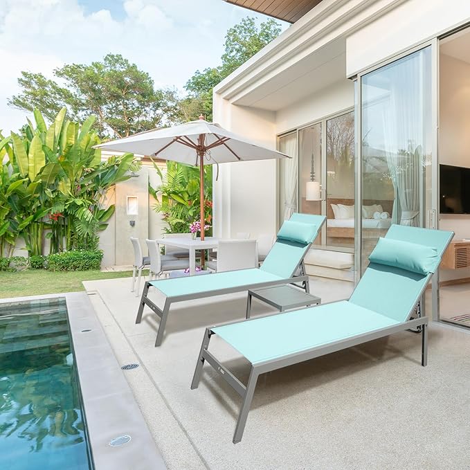 Domi Outdoor Lounge Chairs Set of 3, Upgraded Aluminum Chaise Lounge Chair W/ 5 Adjustable Positions, Patio Lounge Chair for Pool, Deck, Lawn, 2 Pool Chairs and 1 Side Table, Blue Seafoam