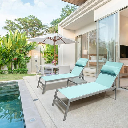Domi Outdoor Lounge Chairs Set of 3, Upgraded Aluminum Chaise Lounge Chair W/ 5 Adjustable Positions, Patio Lounge Chair for Pool, Deck, Lawn, 2 Pool Chairs and 1 Side Table, Blue Seafoam