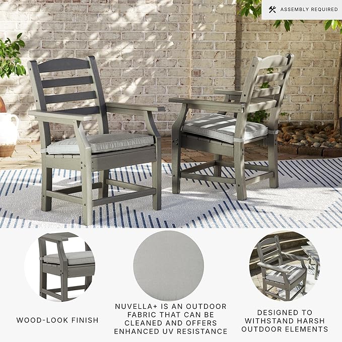 Signature Design by Ashley Visola Outdoor HDPE Dining Chair Set of 2, Durable and Weather Resistant HDPE Material, All-Weather Nuvella Fabric Seat Cushion, Gray