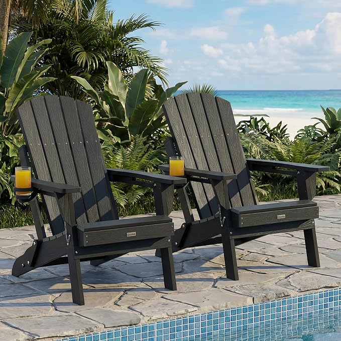 Adirondack Chairs Set of 2 for Outdoor Patio: Sturdy HDPE Plastic Fire Pit Chairs with Cup Holder & Wood Texture - Comfortable Easy to Assembly All-Weather Furniture - Easy Foldable and Stackable