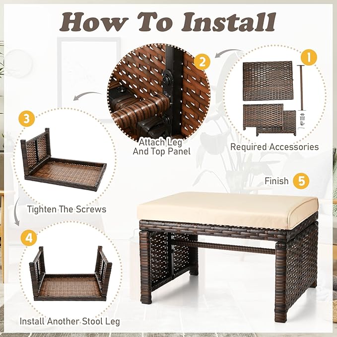 2 Pcs Patio Rattan Ottomans Outdoor Wicker Ottomans Patio Footstool Footrest with Removable Cushion Soft Zippered - Photo 4