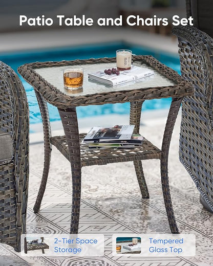 7 Pieces Patio Furniture with Fire Pit-High Back Swivel Patio Chairs Set of 4 with Outdoor Side Table Outdoor Patio Furniture Set for Deck Porch Garden Balcony Poolside-Brown/Grey