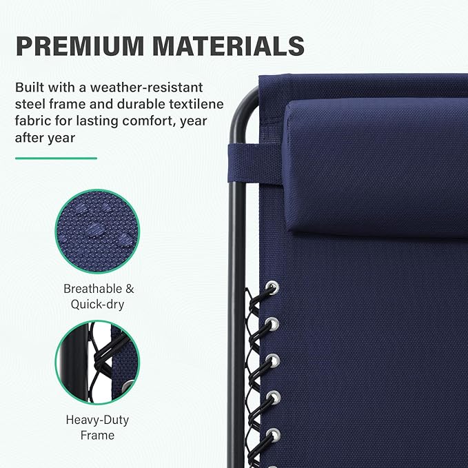 JEAREY Oversized Zero Gravity Lounge Chairs Set of 2, Breathable Steel Mesh Lounge Chairs with Head Pillows & Cup Holder Trays, for Patio, Garden, Beach, Purplish Blue