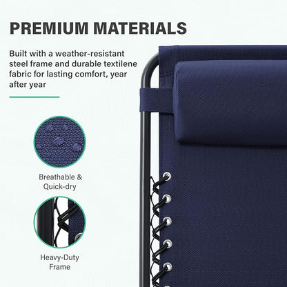 JEAREY Oversized Zero Gravity Lounge Chairs Set of 2, Breathable Steel Mesh Lounge Chairs with Head Pillows & Cup Holder Trays, for Patio, Garden, Beach, Purplish Blue