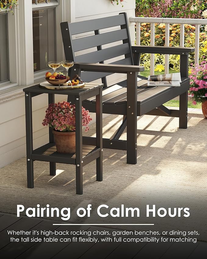 GREENVINES Tall-Outdoor-Side-Table Set of 2 | 23.5" | HDPE Plastic | Patio Adirondack End Tables | All Weather | 2-Tier - Photo 5