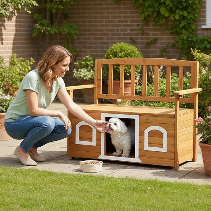 VINGLI Outdoor Storage Bench with Built-in Dog House - Photo 9