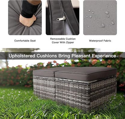 2-Pieces Patio Rattan Ottomans，All-Weather Rattan Wicker Multipurpose Outdoor Furniture for Patio, Backyard, Additional Seating, Footrest, Side Table w/Storage, Removable Cushions (Grey)