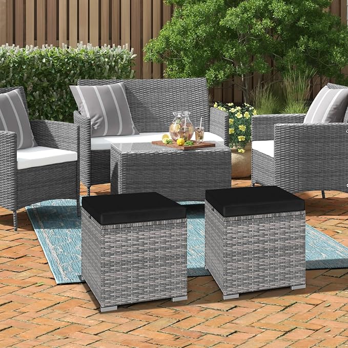 RELAX4LIFE Wicker Outdoor Storage Ottoman - 2-Piece Rattan Footstool w/Removable Cushion - Photo 8