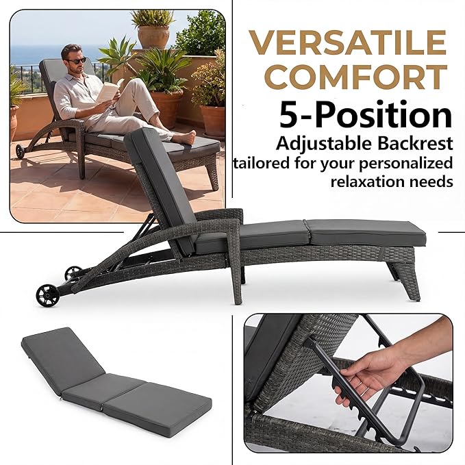 Chaise Lounge Chairs Set of 4, Upholstered 4-Positions Adjustable Lounge Chairs, Wicker Outdoor Long Reclining Chaise Lounge Set Pool Lounge Chairs with Wheels for/Deck/Beach/Yard, Grey