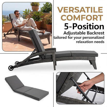 Chaise Lounge Chairs Set of 4, Upholstered 4-Positions Adjustable Lounge Chairs, Wicker Outdoor Long Reclining Chaise Lounge Set Pool Lounge Chairs with Wheels for/Deck/Beach/Yard, Grey