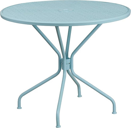 Flash Furniture Oia Commercial Grade 35.25" Round Sky Blue Indoor-Outdoor Steel Patio Table with Umbrella Hole