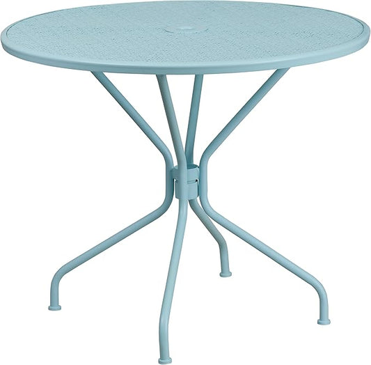 Flash Furniture Oia Commercial Grade 35.25" Round Sky Blue Indoor-Outdoor Steel Patio Table with Umbrella Hole
