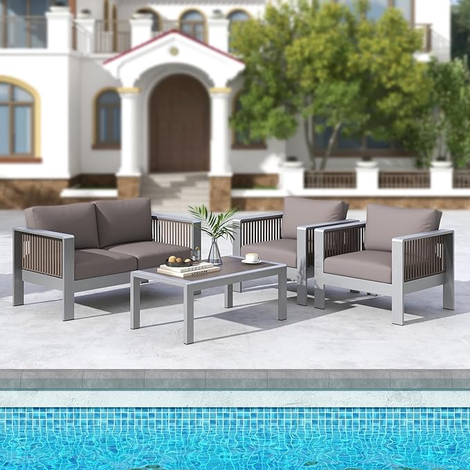 Tangkula Outdoor Rectangle Coffee Table, Aluminum Side Table w/Tempered Glass Tabletop & Lightweight Aluminum Frame, Patio End Table for Backyard, Garden, Poolside (Gray)