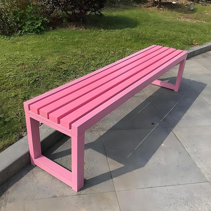 Weatherproof Pink Cast Iron Outdoor Bench, 47in Backless Garden Furniture for Patio, Lawn & Park - Durable & Stylish Seating for Front Porch & Outdoor Spaces