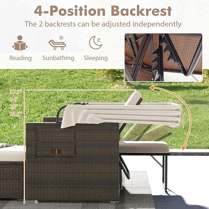 RELAX4LIFE Wicker Outdoor Daybed with Canopy - Rattan Loveseat Sofa Set w/Storage Ottomans, Adjustable Back, Retractable Trays, Sunbed Double Chaise Lounge for Backyard, 2-Seater Patio Daybed (Beige)