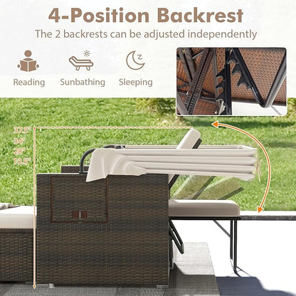 RELAX4LIFE Wicker Outdoor Daybed with Canopy - Rattan Loveseat Sofa Set w/Storage Ottomans, Adjustable Back, Retractable Trays, Sunbed Double Chaise Lounge for Backyard, 2-Seater Patio Daybed (Beige)