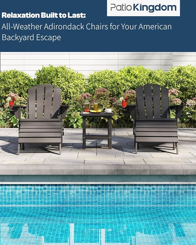 Adirondack Chair with Table Set,HDPE Plastic All Weather Fire Pit Chair with Cup Holder,2-Piece (Grey, 1 Chair &1 Table)