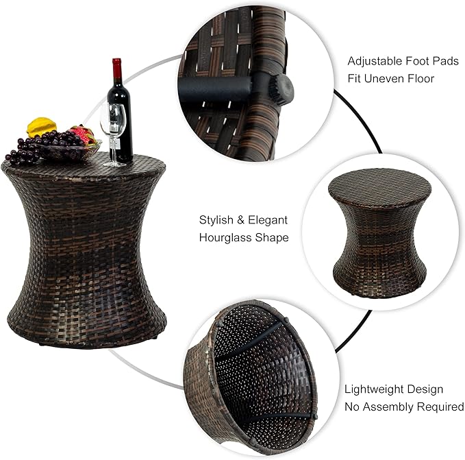 Sundale Outdoor Small Side Table Patio Rattan End Table 20 Inch Hourglass Wicker Accent Tables Steel Frame Lightweight Brown Mesa Auxiliar pequeña Mesa Auxiliar de ratán marrón