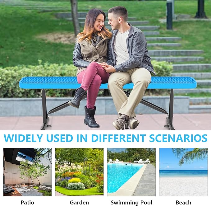 6 Feet Outdoor Benches, Blue Heavy Duty Metal Park Bench for Outside, Weatherproof Dock Bench, 72" L Commercial Benches Backless Bench for Shopping Mall, Store, Lawn, Park, Patio, Deck, Garden