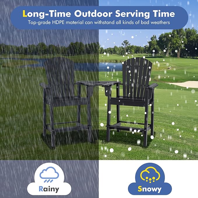 Giantex Tall Adirondack Chair Set of 2 - Outdoor HDPE Barstools w/Middle Connecting Tray & Umbrella Hole, Counter Height Bar Chair, Weather Resistant, Ideal for Patio, Backyard, Poolside (Black)