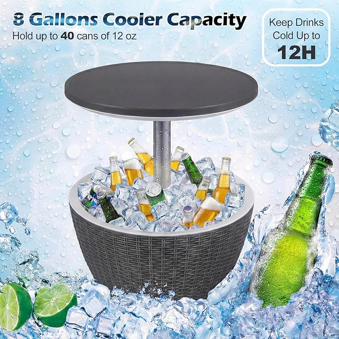 Giantex Outdoor Ice Cooler Side Table with Adjustable Height, 8 Gal Beverage Bucket with Drain Plug, Rattan Patio Bar Table for Poolside, Deck, BBQ & Backyard Parties