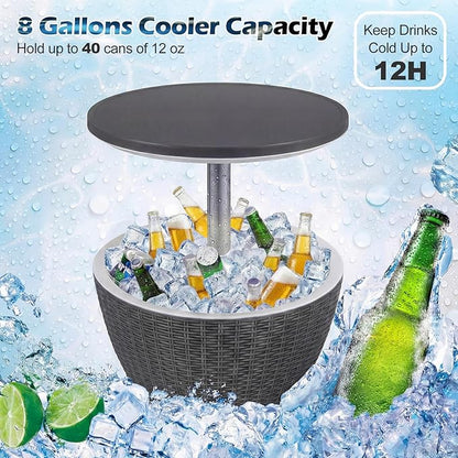 Giantex Outdoor Ice Cooler Side Table with Adjustable Height, 8 Gal Beverage Bucket with Drain Plug, Rattan Patio Bar Table for Poolside, Deck, BBQ & Backyard Parties