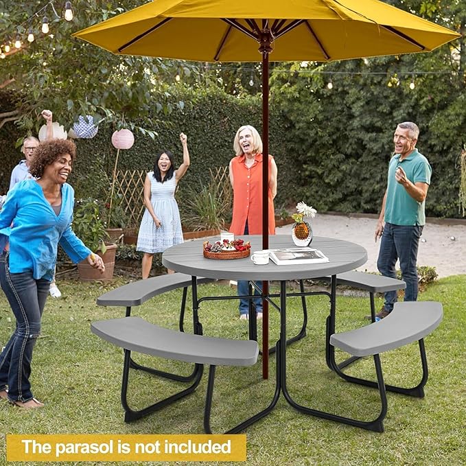 Round Picnic Table for Outdoors, 8 Person Outdoor Picnic Tables & Benches Set with Umbrella Hole - Photo 2