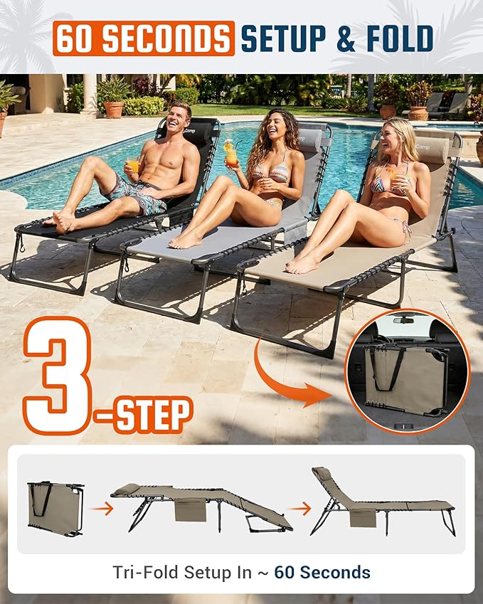 KingCamp Lounge Chair Outdoor,400LBS Tanning Chairs for Outside,Adjustable 5-Position Patio Lounge Chair Sunbathing Chase Lounge Chair Outdoor for Outside Beach Patio Sun Bathing Pool Backyard