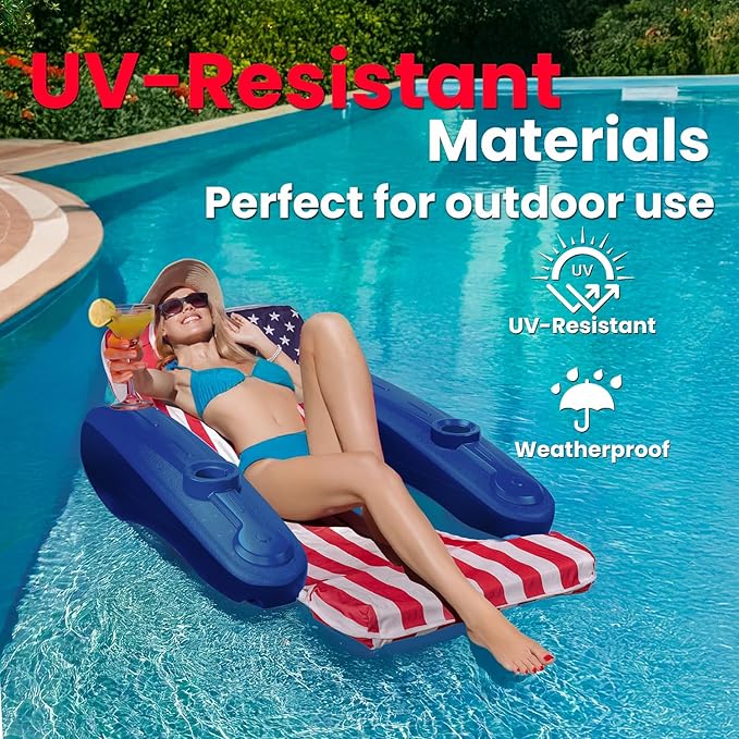 XtremepowerUS Floating Chaise Pool Lounger USA Patriotic Padded Large for Adults Headrest, Backrest, Footrest & Cupholder (American Flag)