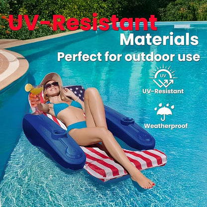 XtremepowerUS Floating Chaise Pool Lounger USA Patriotic Padded Large for Adults Headrest, Backrest, Footrest & Cupholder (American Flag)