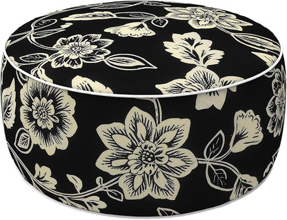 LVTXIII Indoor/Outdoor Inflatable Ottoman with Handle D21 x H9 Inch, Weather-Resistant Round Footstool Pouf for Patio Camping Living Room, Portable Footrest Extra Seating, Elegant Vines Black