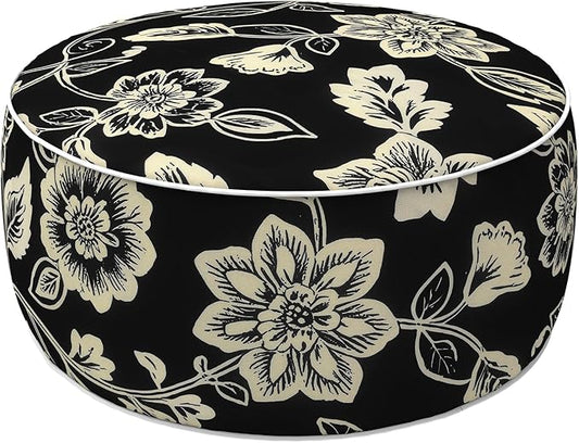 LVTXIII Indoor/Outdoor Inflatable Ottoman with Handle D21 x H9 Inch, Weather-Resistant Round Footstool Pouf for Patio Camping Living Room, Portable Footrest Extra Seating, Elegant Vines Black