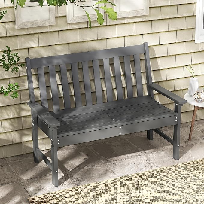 RELAX4LIFE 2-Person Patio Outdoor Bench - 52’’ All-Weather HDPE Garden Bench with Armrests & Slatted Backrest, Patio Bench for Front Porch Park Poolside Backyard, 705 LBS Weight Capacity (Grey)