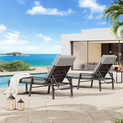 AECOJOY Chaise Lounge Chairs for Outside Set of 2, Adjustable Wicker PE Rattan Patio Pool Recliner Chair with Removable Cushion for Beach, Patio, Poolside, Lawn, Black Rattan&Dark Grey Cuchion