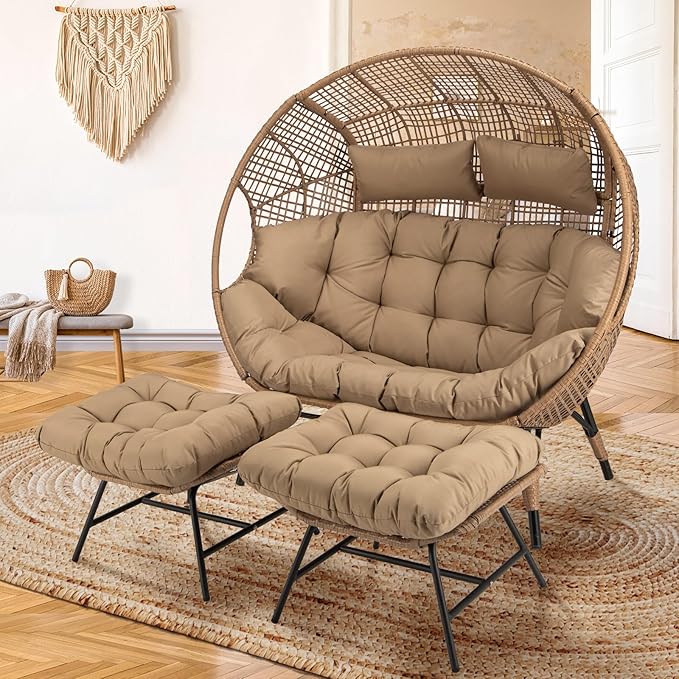 NICESOUL Indoor Outdoor Double Egg Chair with Footstools & 6.5" Thick Cushions - Photo 4