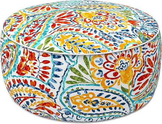 LVTXIII Indoor/Outdoor Inflatable Ottoman with Handle D21 x H9 Inch, Weather-Resistant Round Footstool Pouf for Patio Camping Living Room, Portable Footrest Extra Seating, Paisley Ummi Multi