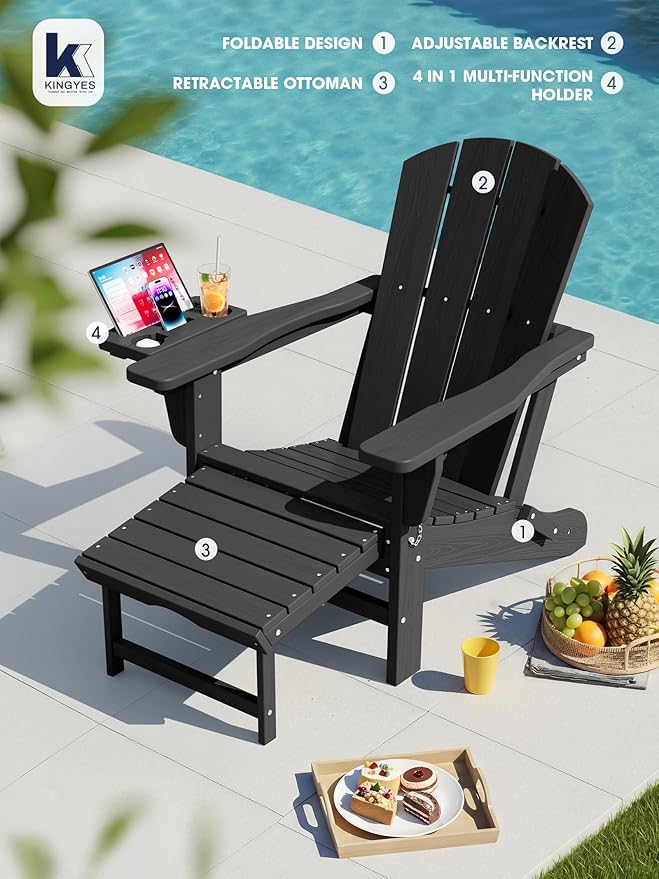 KINGYES Adjustable Folding Adirondack Chair with Footrest & 4-in-1 Multi-Functional Armrest Organizer Set of 2 - Photo 8