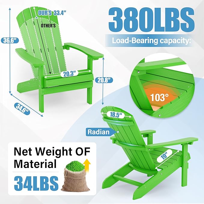 YEFU Adirondack Chairs Set of 4: Outdoor Chair HIPS Plastic Adirondack Chairs - Patio Chairs with Wood Texture - Lawn Fire Pit Deck Porch Garden Chairs for Adults (Lime)