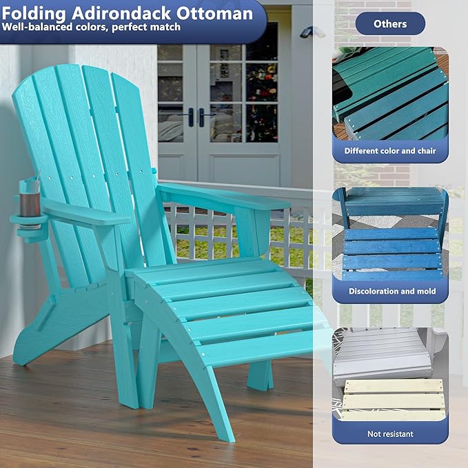 Plawdlik Folding Ottoman for Adirondack Chair–HDPE All-Weather Footrest for Outdoor Use, Garden & Poolside– Anti-Cracking, Fade-Resistant, Easy Assembly–Aruba