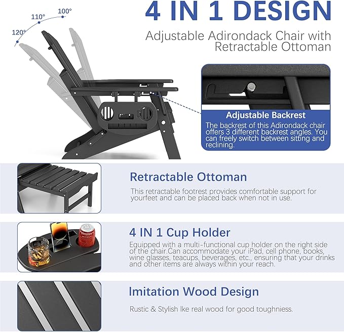 FOOWIN Adirondack Chair with Retractable Ottoman,HDPE Folding Adjustable Adirondack Chair w/4 in 1 Cup Holder Trays,All-Weather Resistant Fire Pit Chair for Outdoor Patio Lawn Set of 6